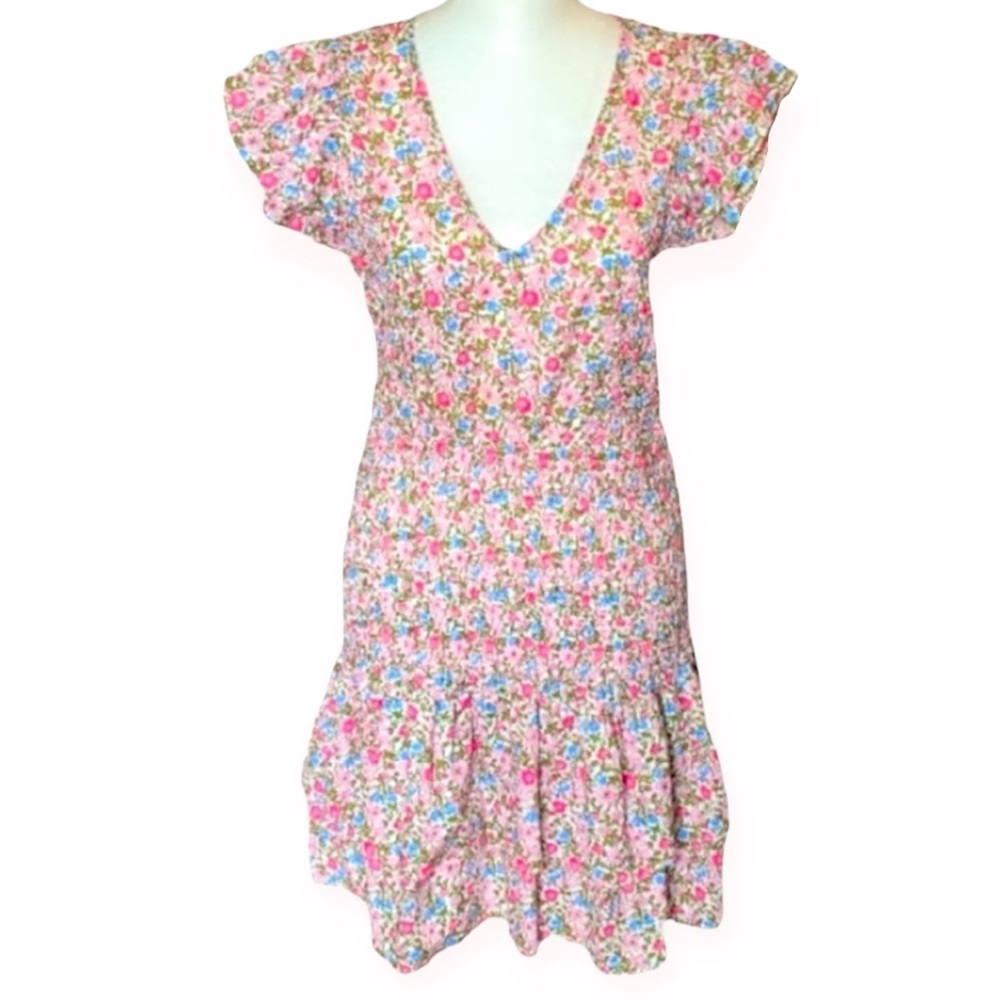 Kendall Lane Pink Floral Smocked Waist Ruffle Dress size women's medium M